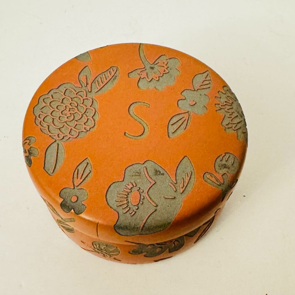 Anthropologie Monogram S Lidded Stoneware Ceramic Round Jewelry Trinket Box